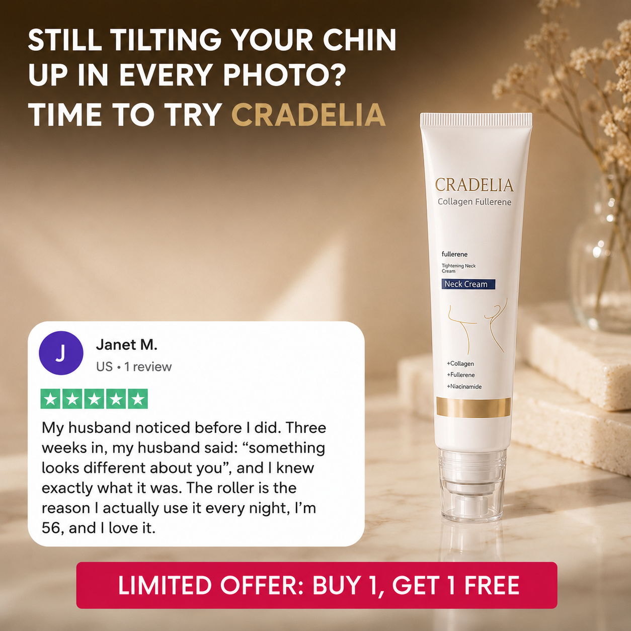 Fullerene Neck Cream – Firming & Hydrating Roller Cream for Smooth, Lifted-Looking Skin